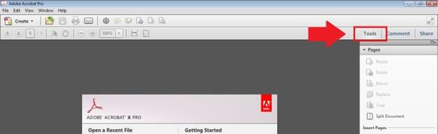 Adobe Acrobat Pro window showing the Tools button at the top of the interface, indicating where to begin accessing additional PDF tools.