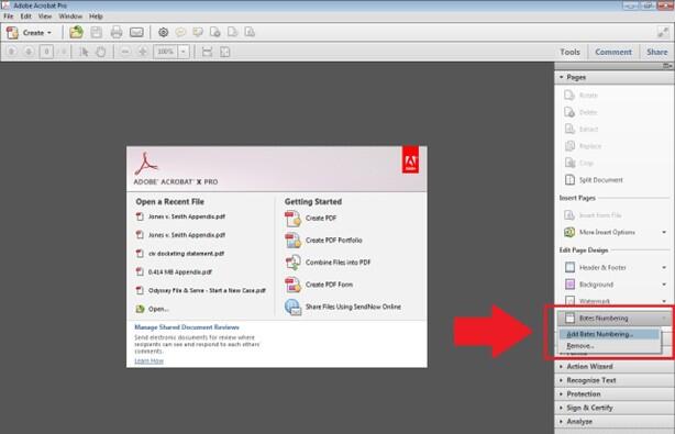 Adobe Acrobat Pro Tools panel with Bates Numbering selected and the Add Bates Numbering option highlighted, showing how to start the Bates numbering process.