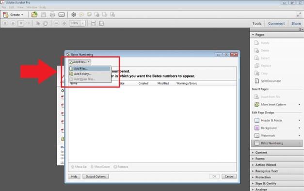 Bates Numbering dialog box with the Add Files button selected and the Add Files option visible, indicating where to add the PDF to be numbered.