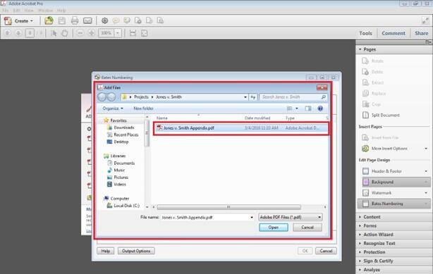 File selection window showing a PDF file highlighted, indicating that the user should select and open the file to be Bates numbered.
