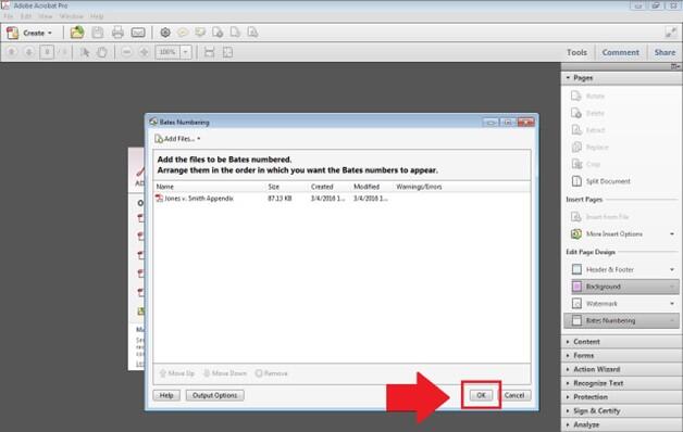 Bates Numbering dialog box with the OK button highlighted, indicating confirmation of the selected file.