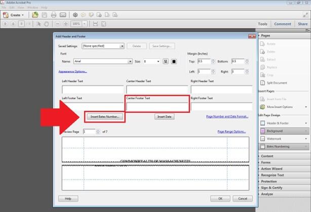 Add Header and Footer screen with the Center Footer Text area selected and the Insert Bates Number button highlighted, showing where to insert the Bates number on the page.