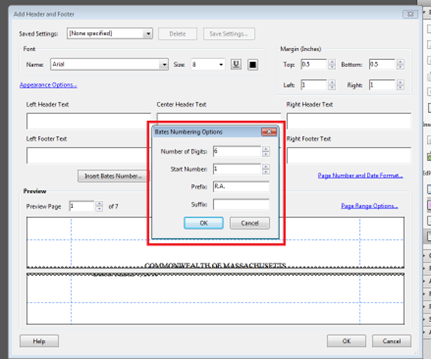 Bates Numbering Options dialog showing fields for number of digits, starting number, prefix, and suffix, with a preview displaying how the Bates number will appear.