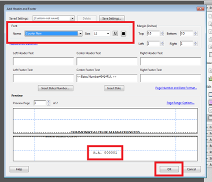 Add Header and Footer preview showing the Bates number displayed in the footer with formatting options visible, indicating that the user should apply the settings to proceed.