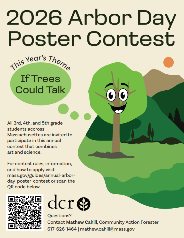 Poster of 2026 Arbor Day Poster Contest, has an animated tree with eyes and a mouth saying "if trees could talk"