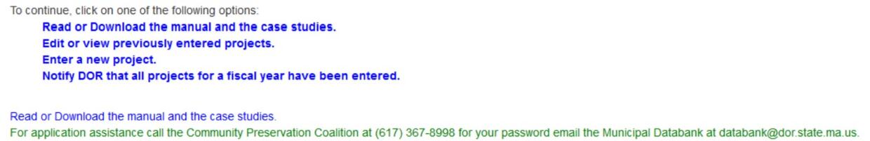 Menu of options after user has logged into the CP-3 application