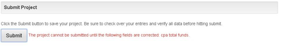 Submit project error message example