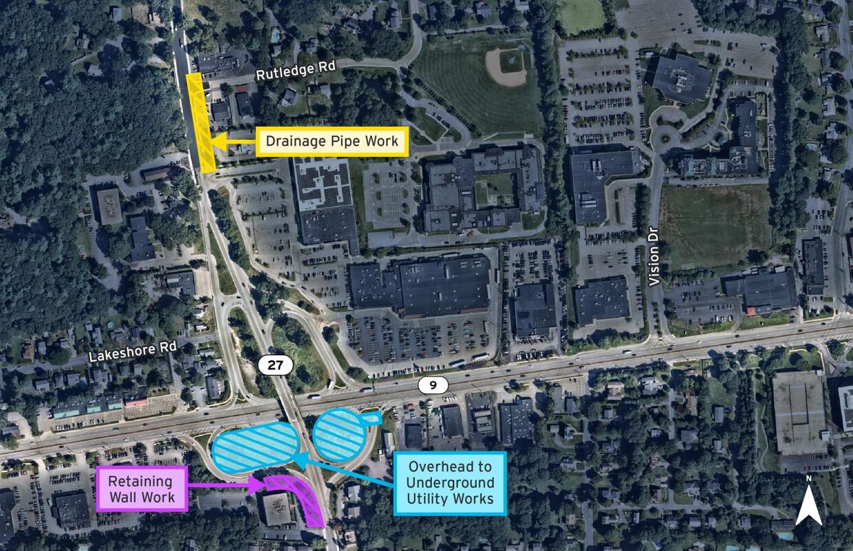 Drainage pipe work near Megonko Rd, and retaining wall work and underground utility works at the southern end of the Route 9 and 27 interchange.