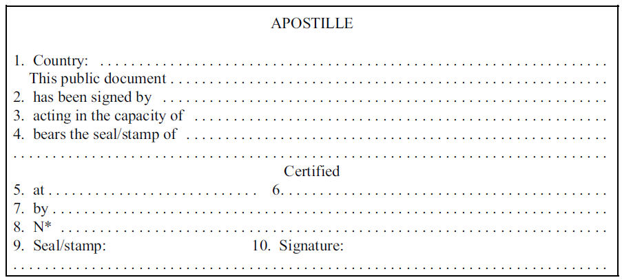 An example of a model of an apostille, which is used to authenticate a notary public or justice of the peace.