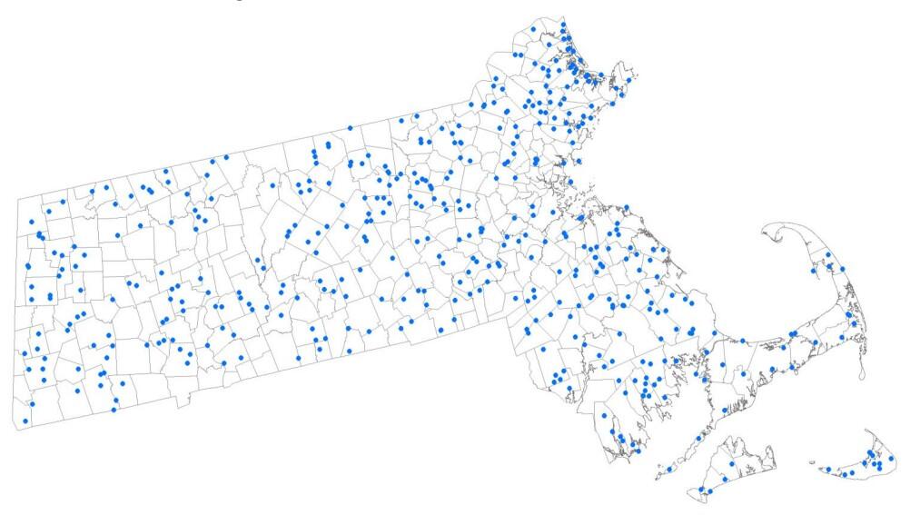 State of MA map showing several hundred blue points across the state.