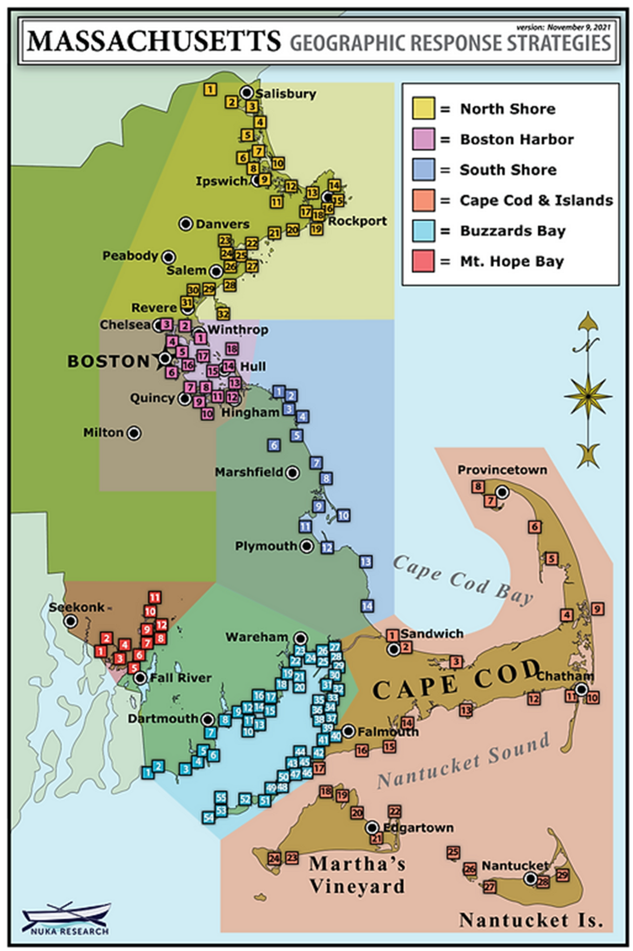 Massachusetts Geographic Response Strategies showing locations of oil spill response trailers that are climate ready along the coastline of Massachusetts