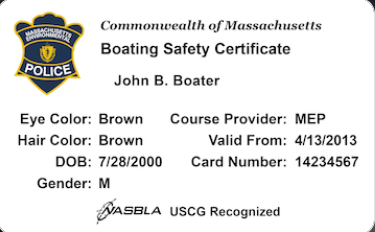 Sample of Massachusetts Boater Safety Education Certificate.