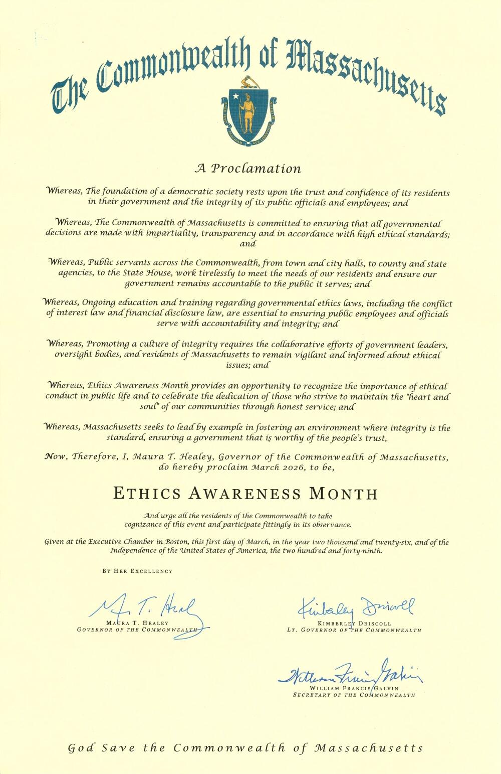 Governor Maura T. Healey has issued a proclamation recognizing March 2026 as Ethics Awareness Month in Massachusetts