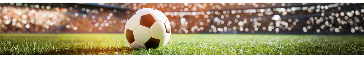 Soccer ball sitting in the field of a stadium.