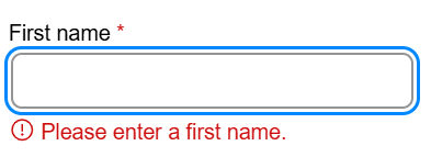 Screenshot of first name field receiving focus and showing error message
