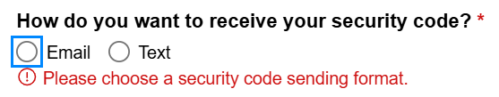 screenshot of radio button with focus outline and error message