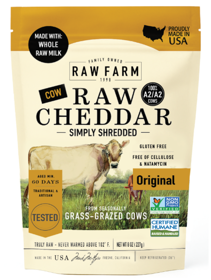 Bag of shredded cheese sold as Raw Farms raw cheddar cheese