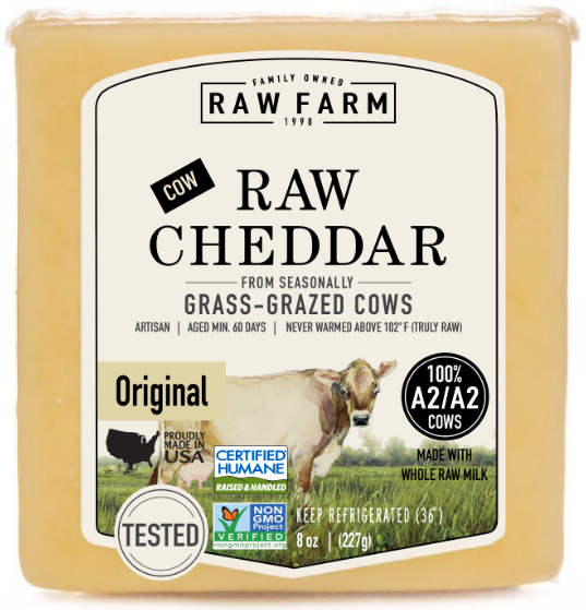 Bar of shredded cheese sold as Raw Farms raw cheddar cheese