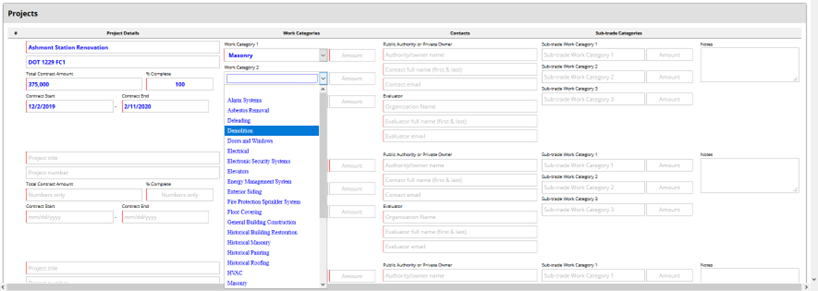 project table drop down menu