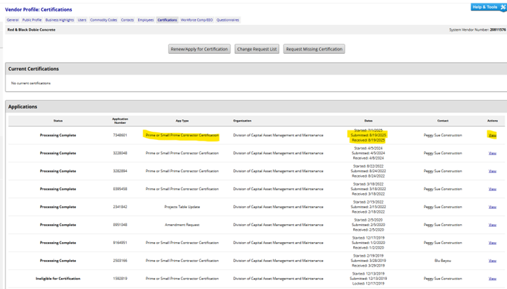 Vendor profile applications listing