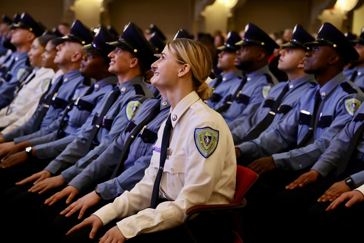 Recruits of the RTC 339 during a graduation ceremony at Mechanics Hall in Worcester on Friday.&nbsp;