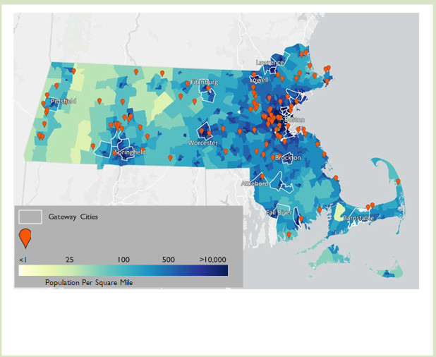 Map of Massachusetts showing accessible trails relative to population centers and underserved communities