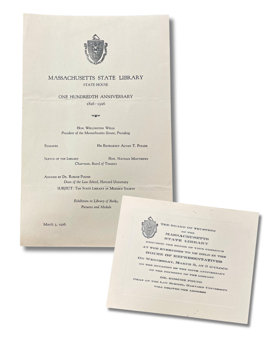 The Program and Invitation for the celebration held on March 3, 1926, in honor of the State Library’s 100th birthday
