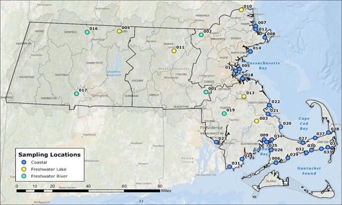 Map of PFAS Sampling Locations in Massachusetts Freshwaters and Coastal Waters 2024