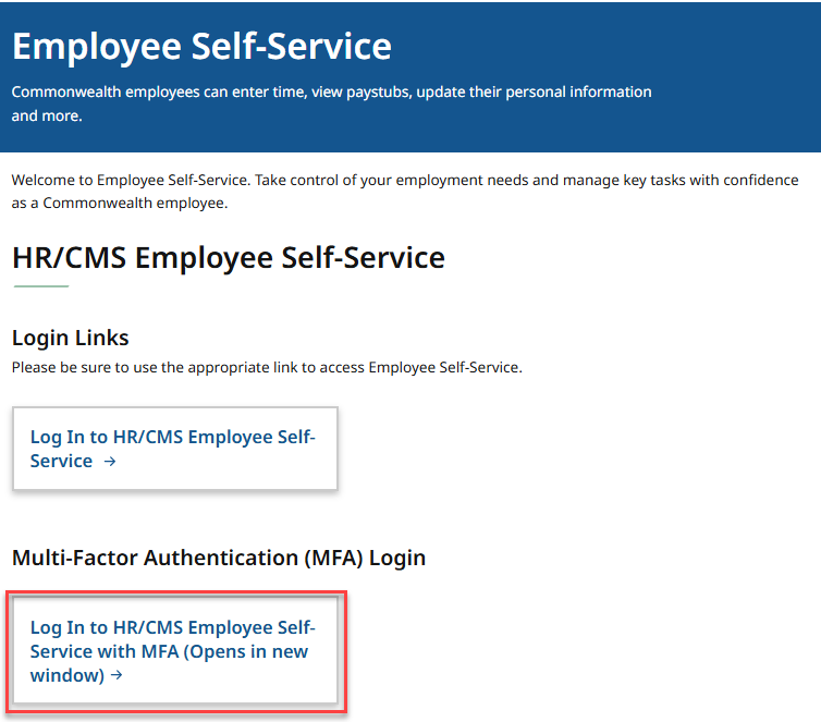 Screenshot of the MassHR landing page with the login to hr/cms with MFA button highlighted in red