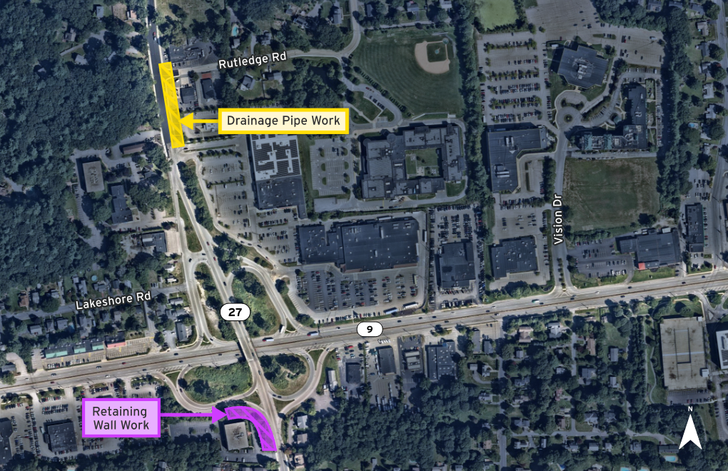 Map showing location of drainage pipe and retaining wall work.