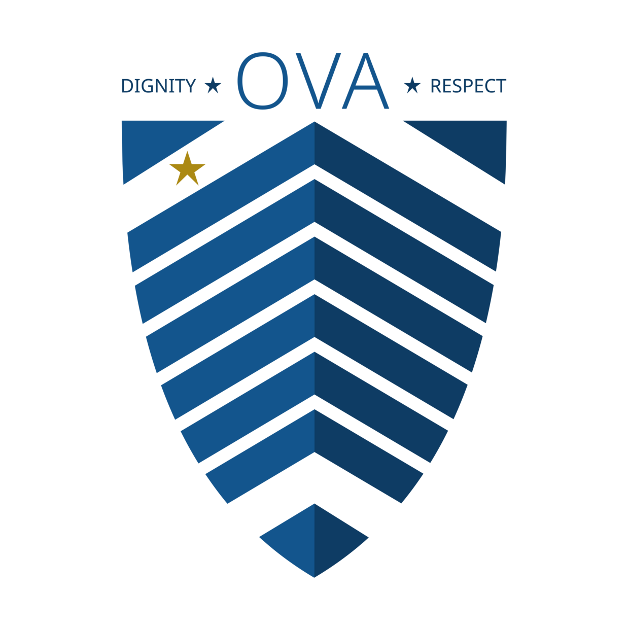 OVA blue shield logo with a gold star in the top left corner, reading the words Dignity and Respect at the top
