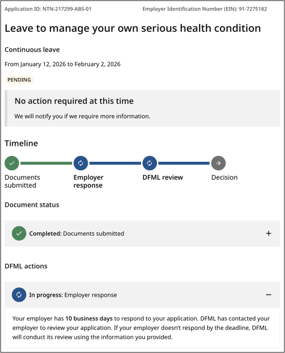 PFML Leave Application Status Details Page screenshot