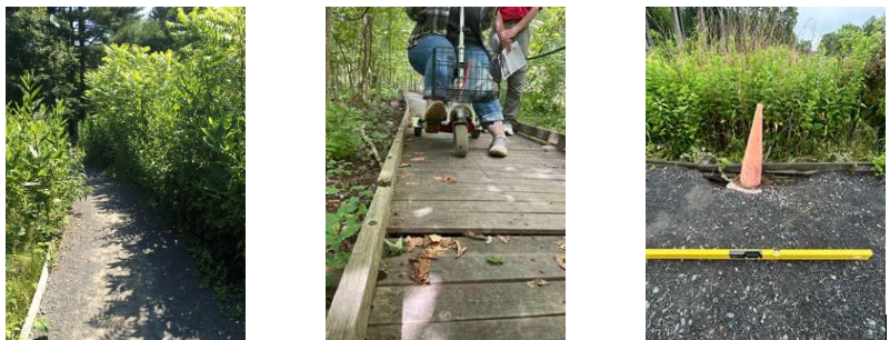 Three images of maintenance issues including vegetation growing into the trail, broken or decayed boards, and erosion of the surface.