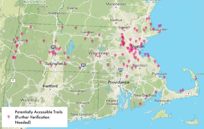 Map of Massachusetts showing distribution of accessible trails relative to population