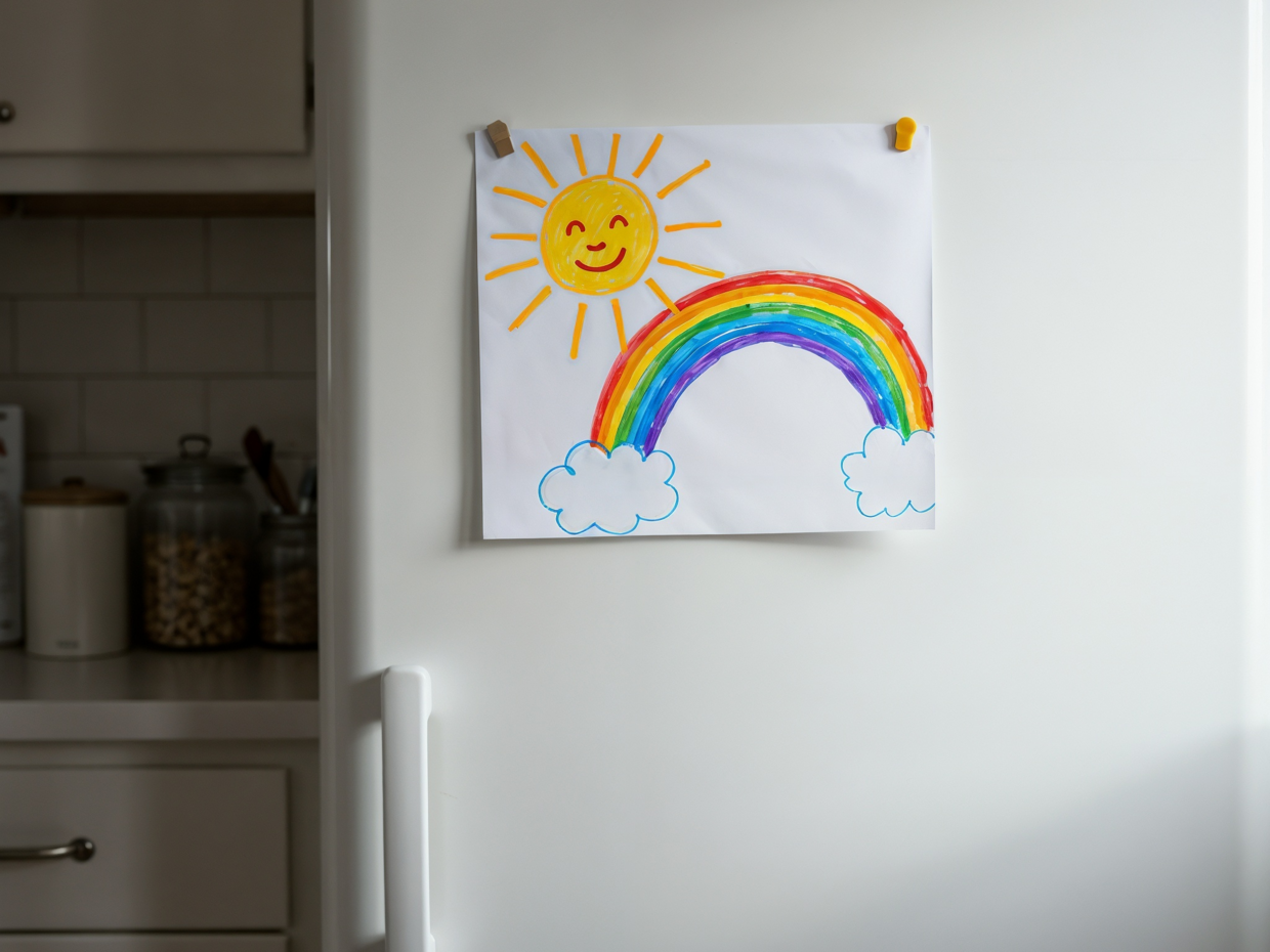 Refrigerator with a drawing of a rainbow and a sun hanging on it. 