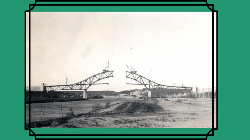 Photograph of the Sagamore Bridge Construction with a green background and black frame