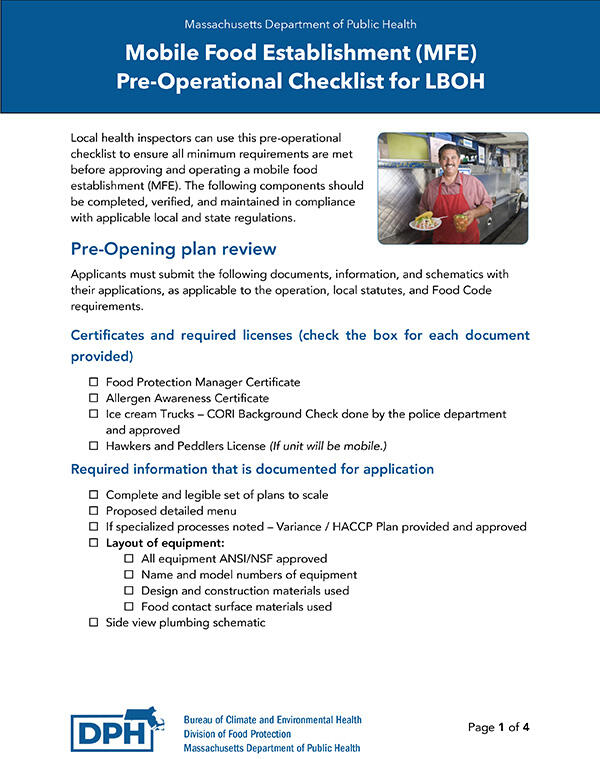 Mobile Food Establishment (MFE) Pre- Operational Checklist for LBOH sample