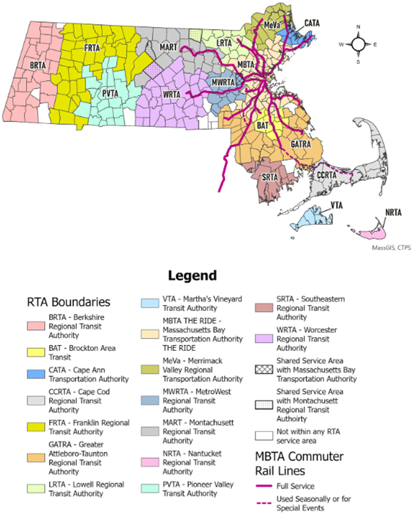 This is a map of Massachusetts showing the service areas for the 15 RTAs and the Massachusetts Bay Transportation Authority, including commuter rail and the RIDE services. More information in caption.