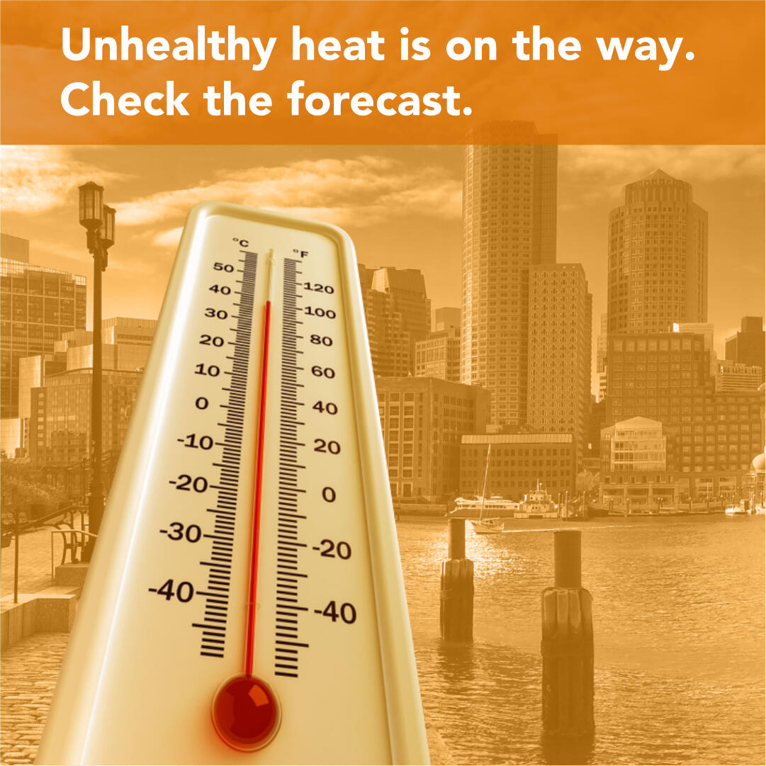 Thermometer in front of a city skyline with the text, "Unhealthy heat is on the way. Check the forecast."