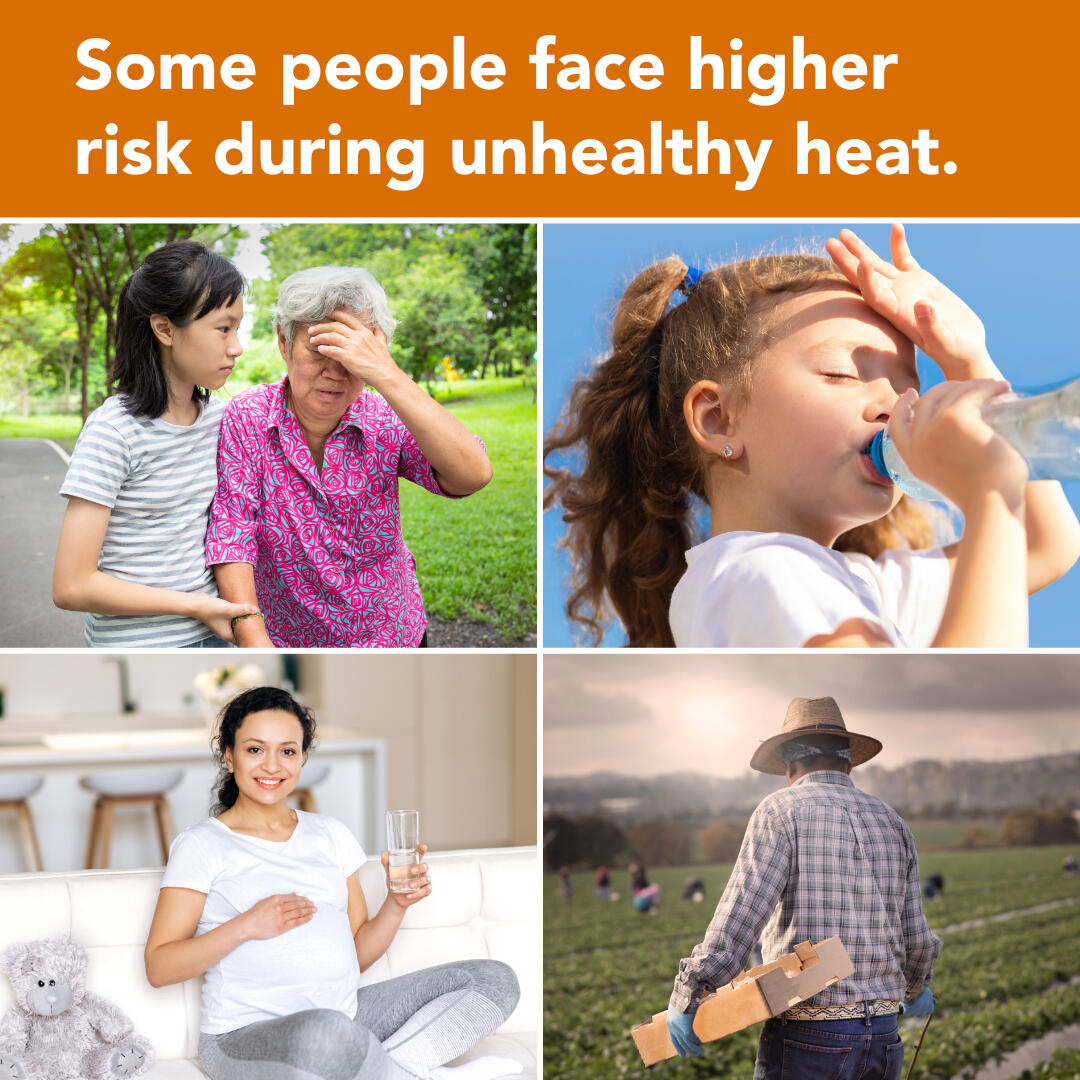 Four images showing people who may face higher risk during unhealthy heat, including an older adult, a child, an outdoor worker, and a farm worker.