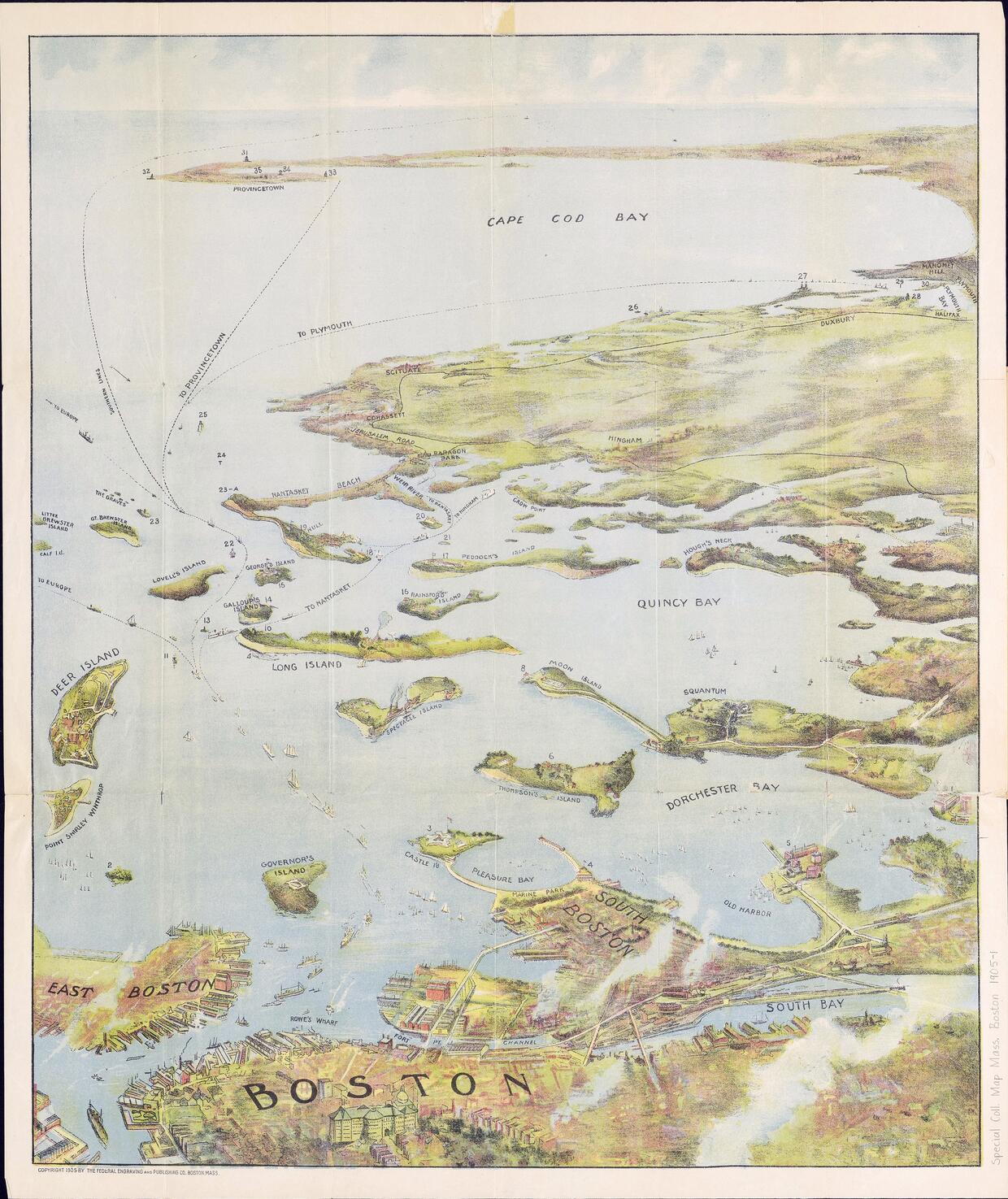 Bird’s Eye View of Boston Harbor and South Shore to Provincetown: Showing Steamboat Routes 
