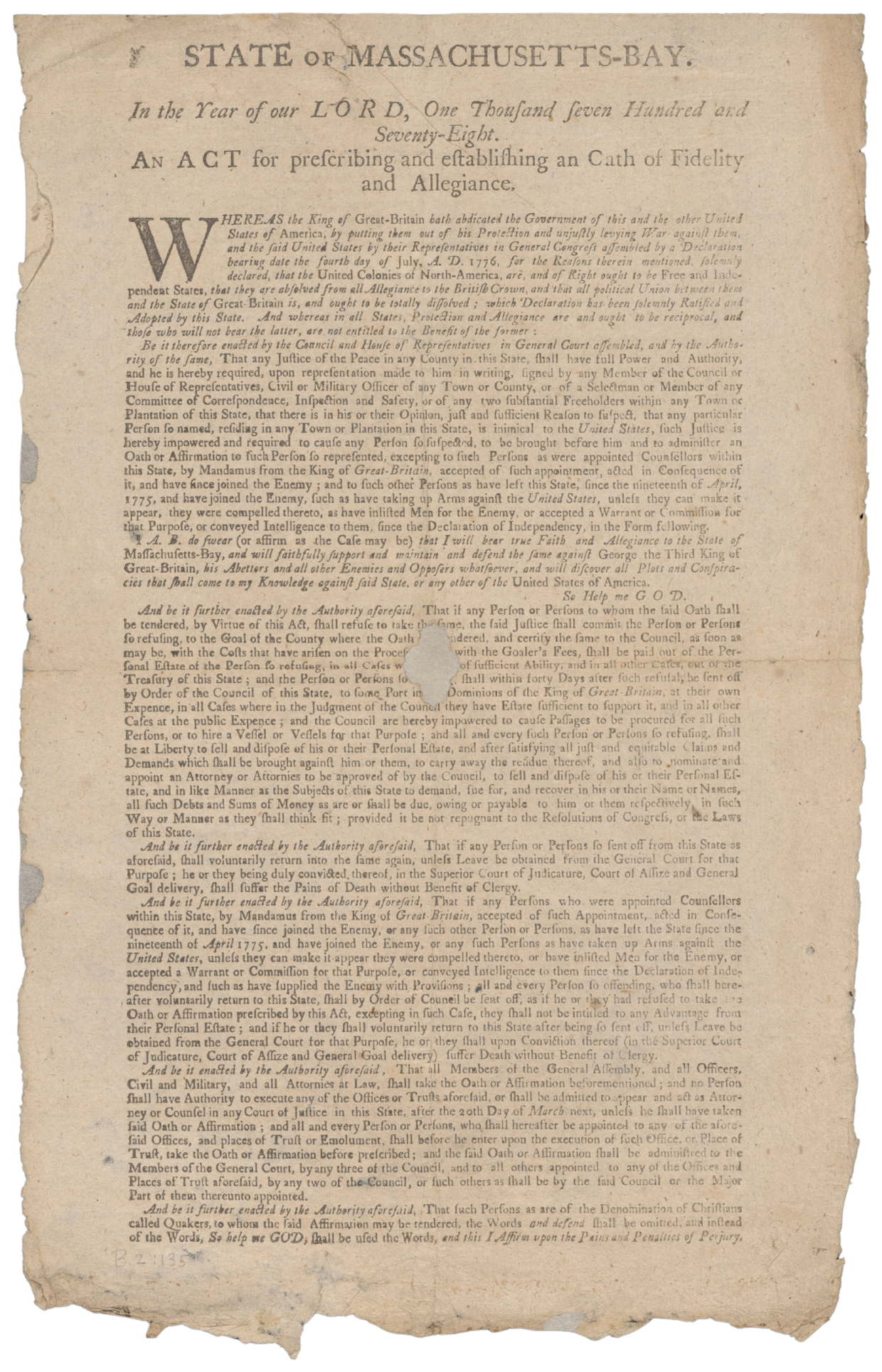 Broadside 81, An Act for Prescribing and Establishing an Oath of Fidelity and Allegiance