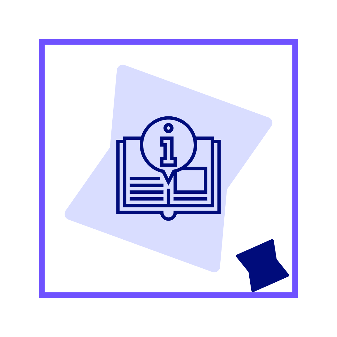 An open book with lines in the pages to symbolize sentences, and a large "i" for information.