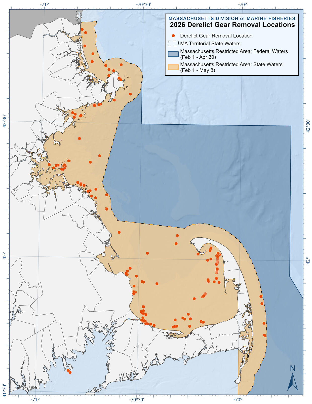 Map of Massachusetts coastline shows locations of gear removals in state waters from the New Hampshire border, into Cape Cod Bay, and east of Outer Cape Cod. Most was retrieved in Cape Cod Bay. 