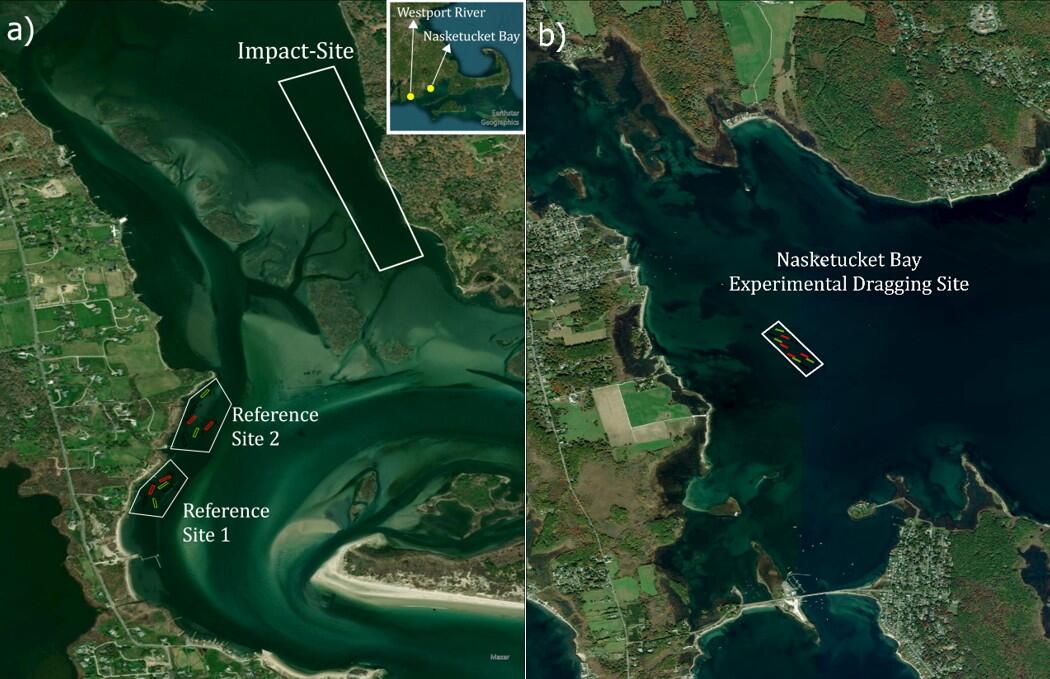 Map in Westport River shows two reference sites near each other close to shore, and a map of Nasketucket Bay with the experimental dragging site.  