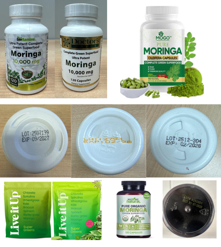Collage of recalled moringa-containing supplement products and lot information