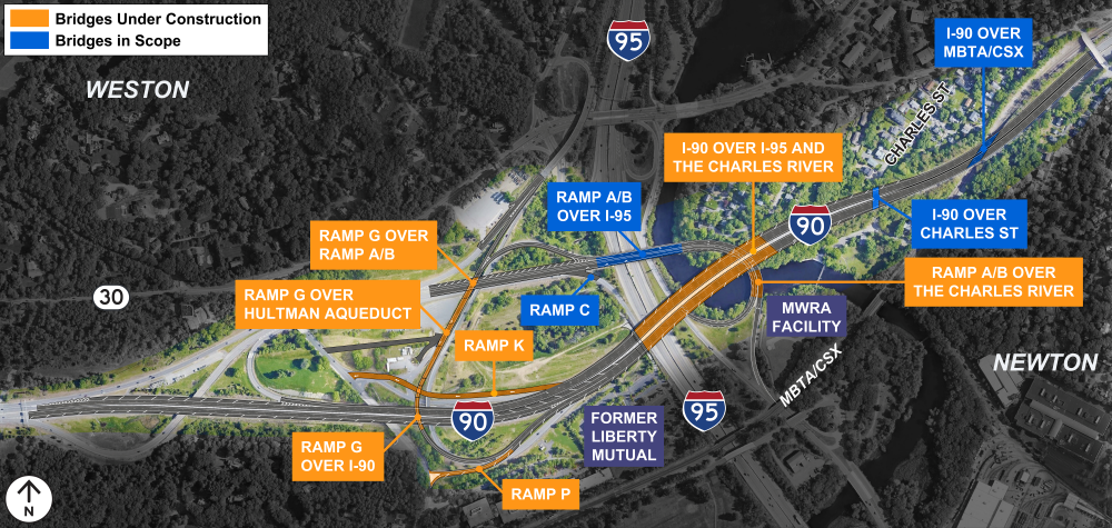 Map showing bridges under construction and bridges in scope.