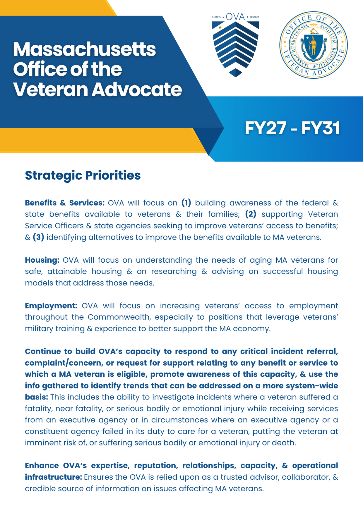 The Office of the Veteran Advocate's five Fiscal Year 2027 to Fiscal Year 2031 Strategic Priorities are listed on a white, blue and yellow, page.