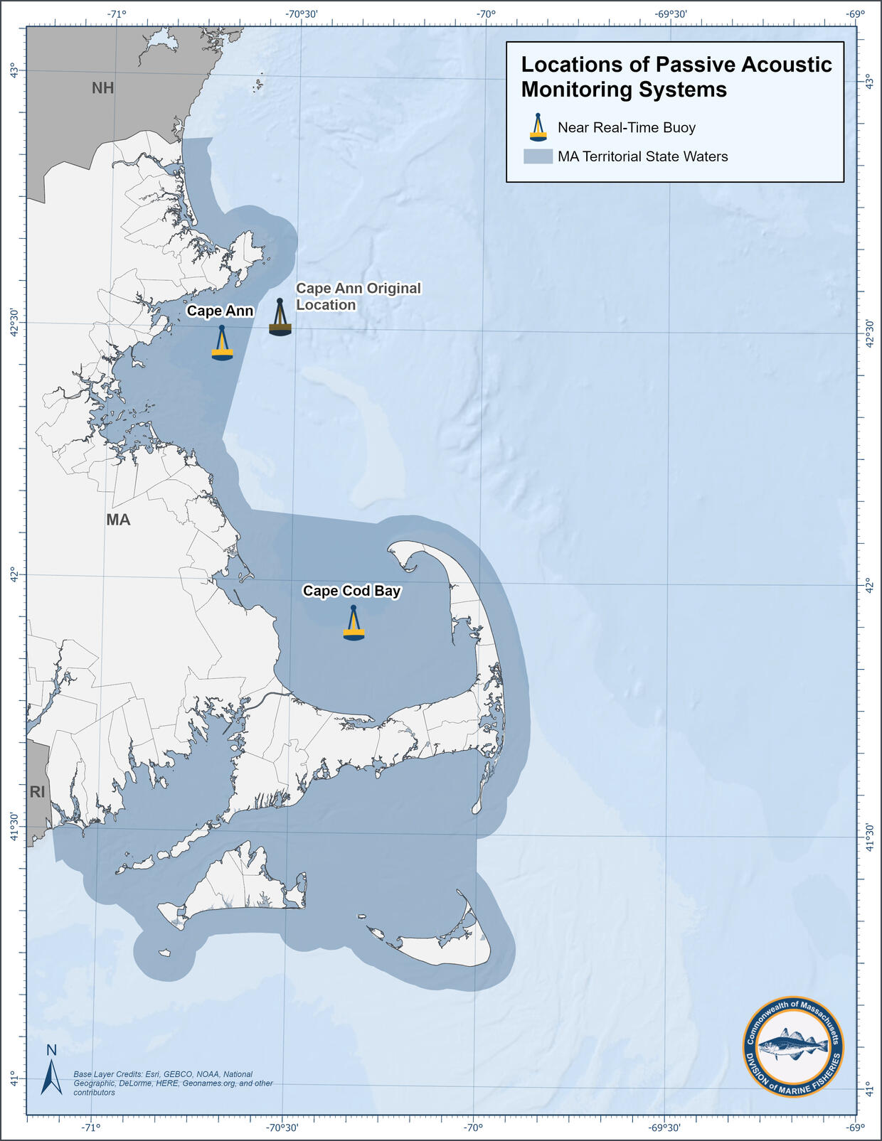 Two near-real time buoys are located in Massachusetts waters: one in Cape Cod Bay and one near Cape Ann. 