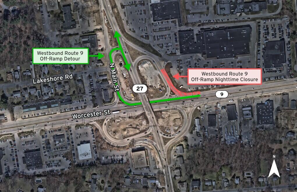 Location of westbound Route 9 off-ramp nighttime closure. The detour is the off-ramp immediately after the underpass.